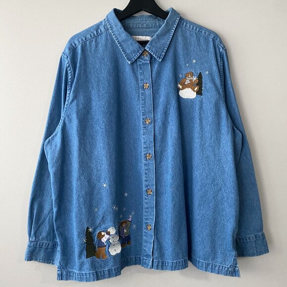 Vintage C.J. Banks Cute Winter Bears Embroidery 100% Cotton Blue Denim Shirt - Picture 1 of 14